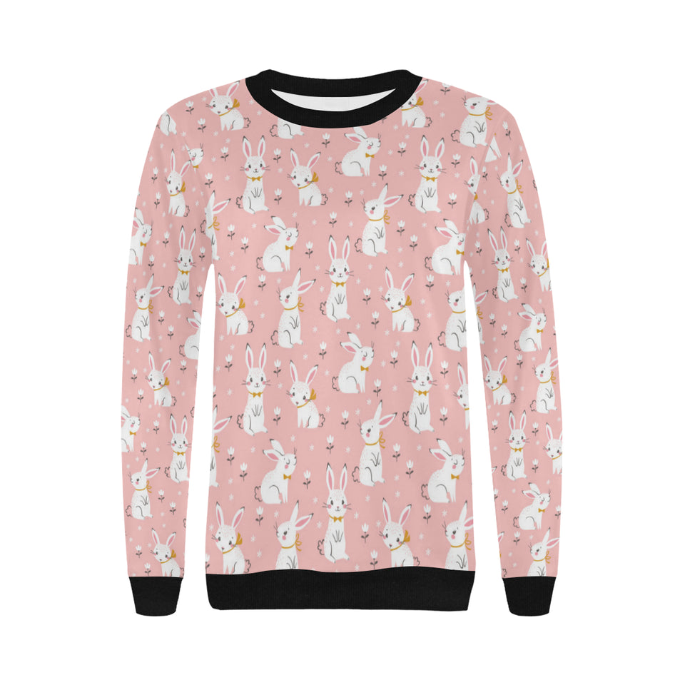 Cute white rabbit flower pink background Women's Crew Neck Sweatshirt