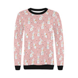 Cute white rabbit flower pink background Women's Crew Neck Sweatshirt