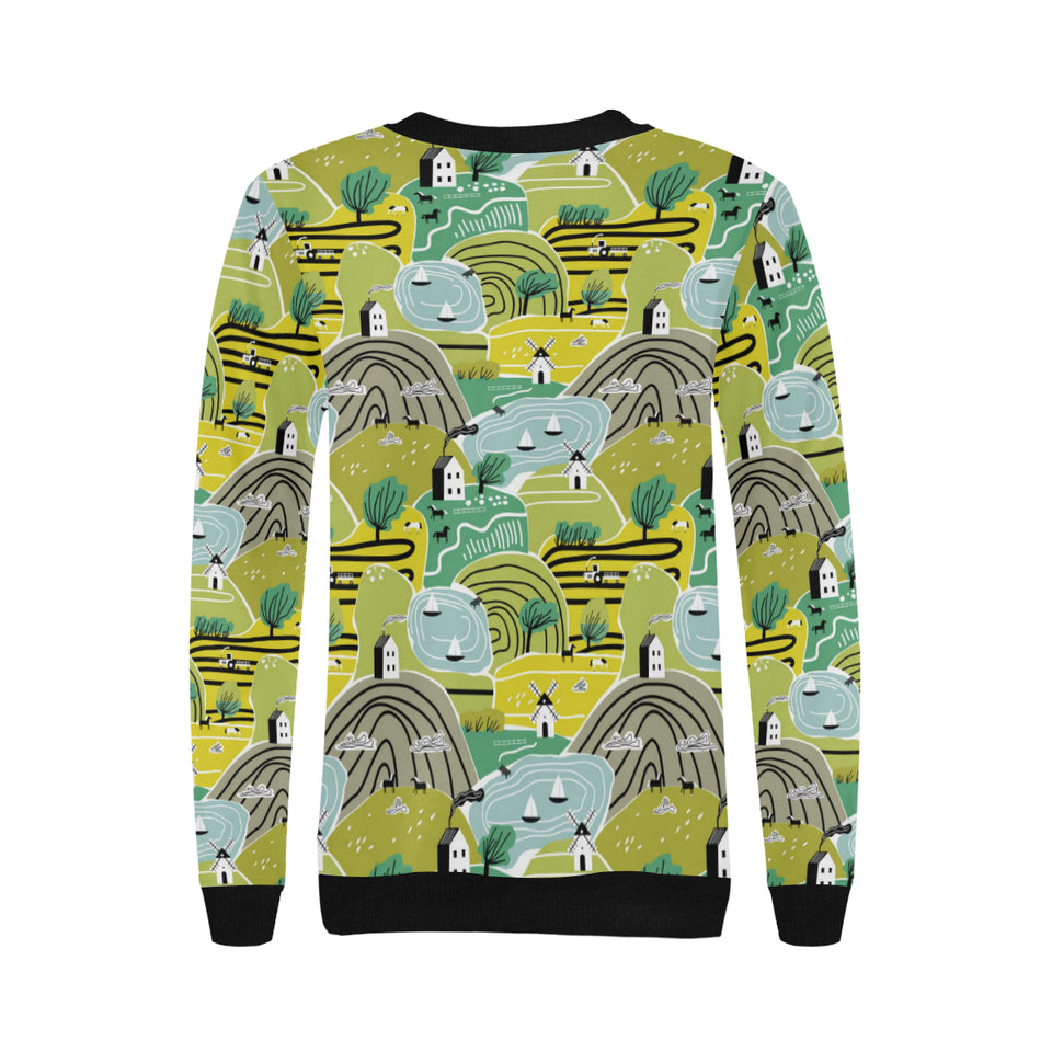 Hand drawn windmill pattern Women's Crew Neck Sweatshirt