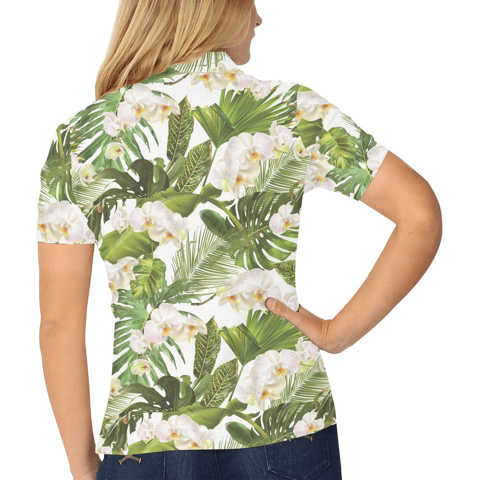 White orchid flower tropical leaves pattern Women's All Over Print Polo Shirt