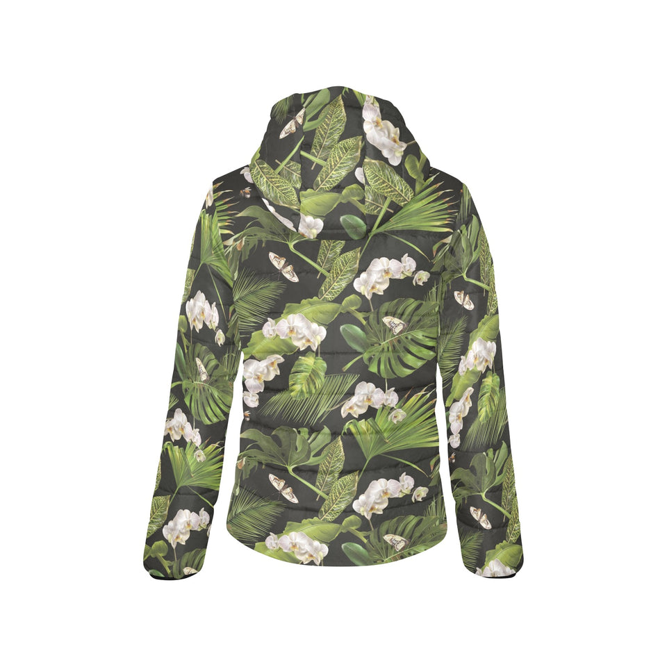 White orchid flower tropical leaves pattern blackg Women's Padded Hooded Jacket