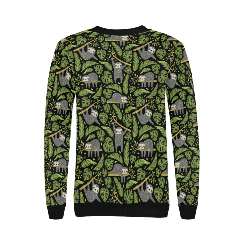 Cute sloths tropical palm leaves black background Women's Crew Neck Sweatshirt
