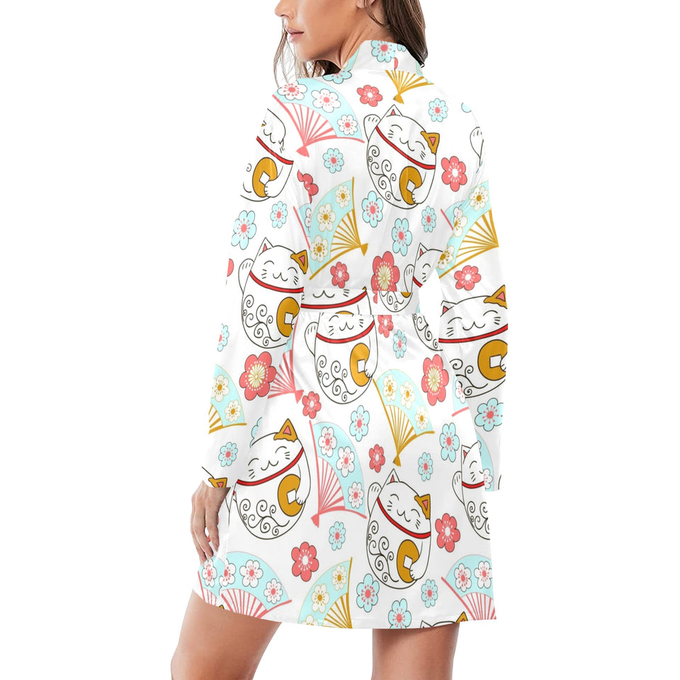 Maneki neko cat fan sakura Women's Long Sleeve Belted Night Robe