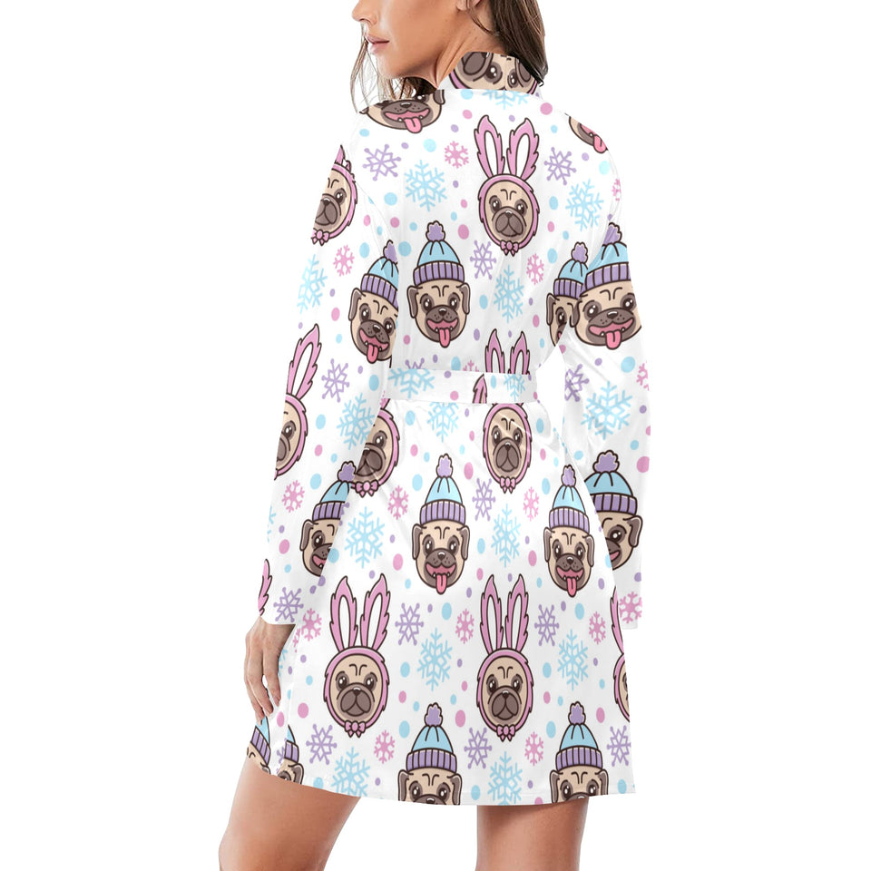 Cute pug hat rabbit costume pattern Women's Long Sleeve Belted Night Robe