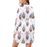 Cute pug hat rabbit costume pattern Women's Long Sleeve Belted Night Robe