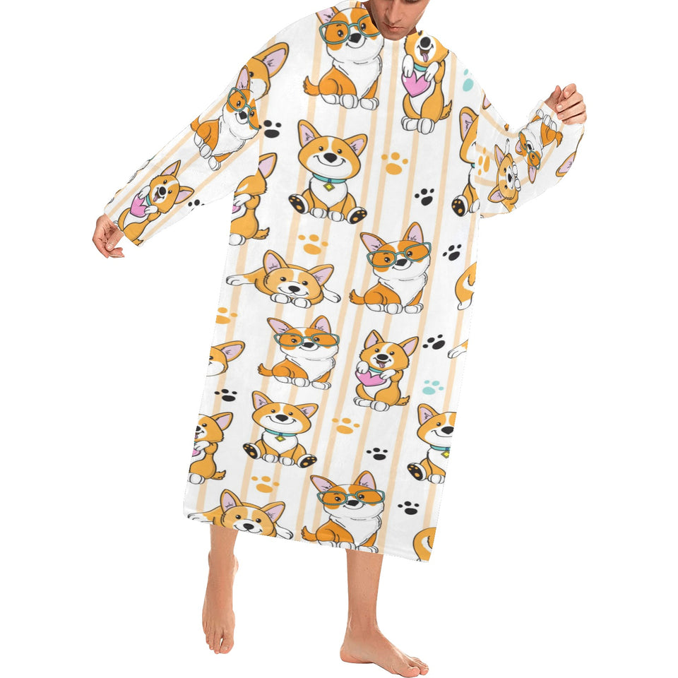 Cute dog corgi striped background pattern Blanket Robe with Sleeves