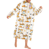 Cute dog corgi striped background pattern Blanket Robe with Sleeves