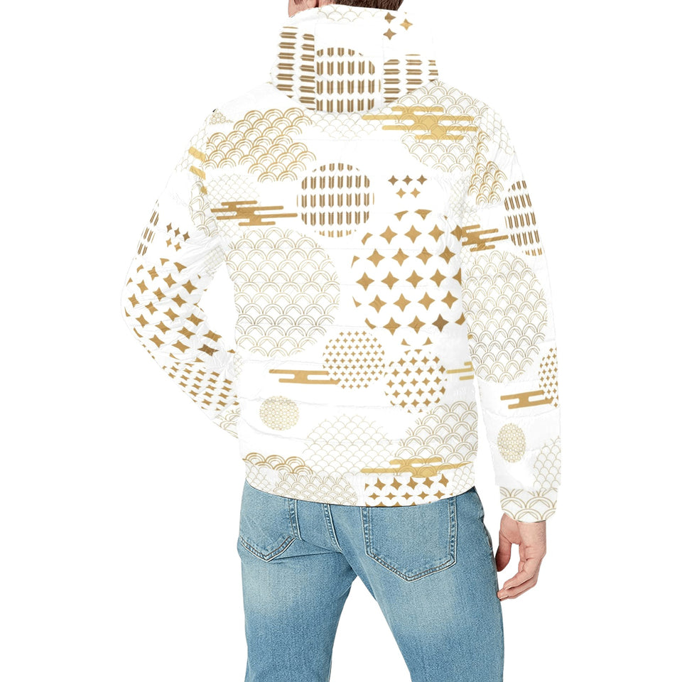 Beautiful gold japanese pattern Men's Padded Hooded Jacket