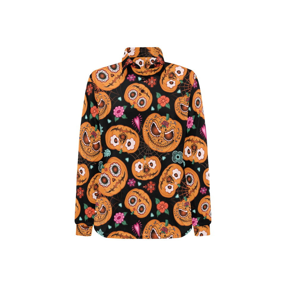 Pumpkin flowers spiderweb Halloween theme Women's Long Sleeve Polo Shirt