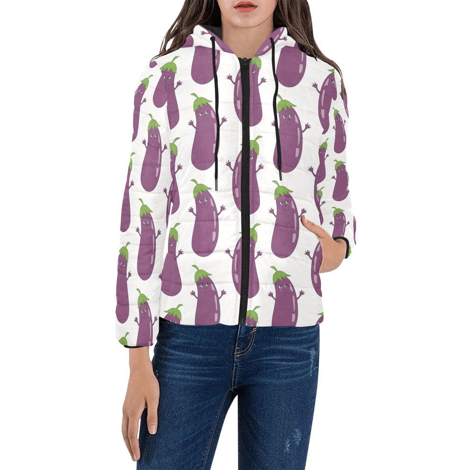 Eggplant Pattern Print Design 01 Women's Padded Hooded Jacket