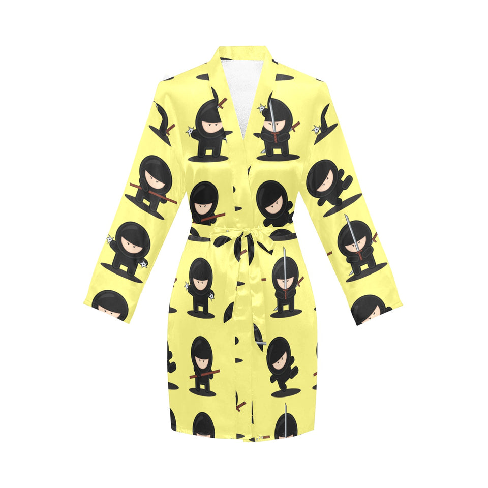 Cute ninja yellow background Women's Long Sleeve Belted Night Robe