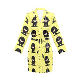 Cute ninja yellow background Women's Long Sleeve Belted Night Robe