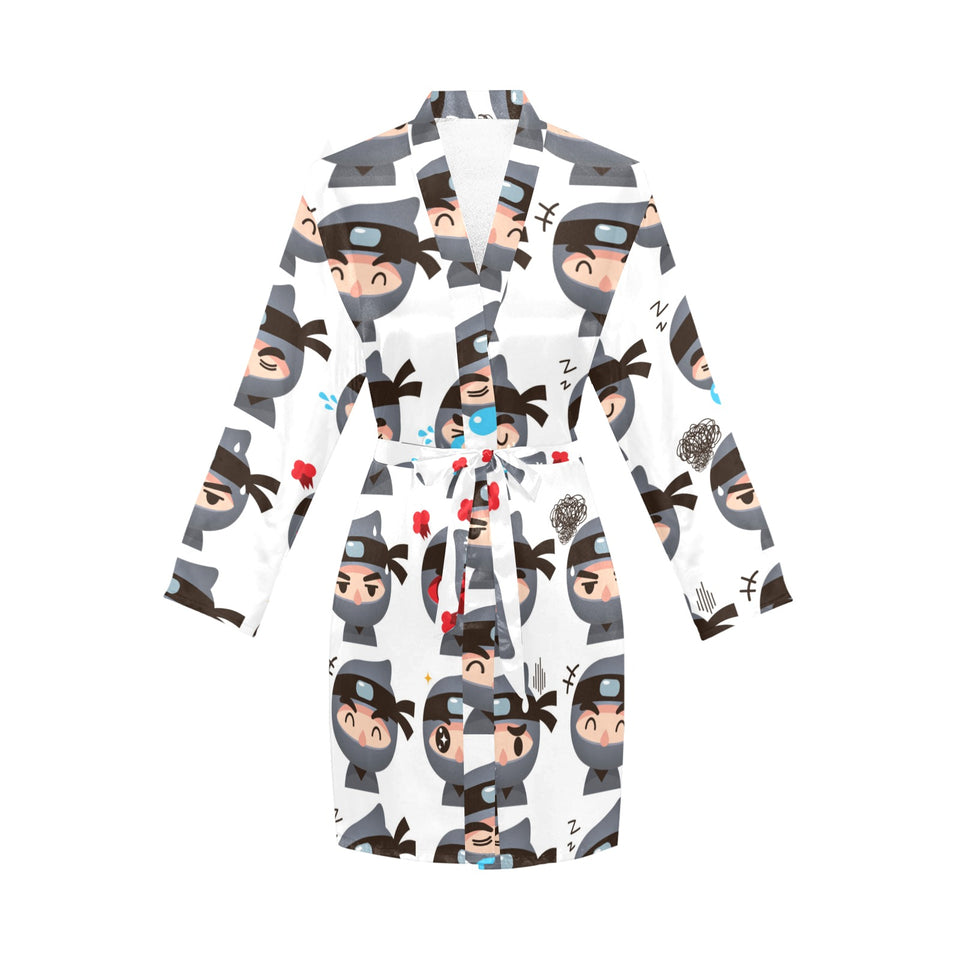 Cute ninja design pattern Women's Long Sleeve Belted Night Robe
