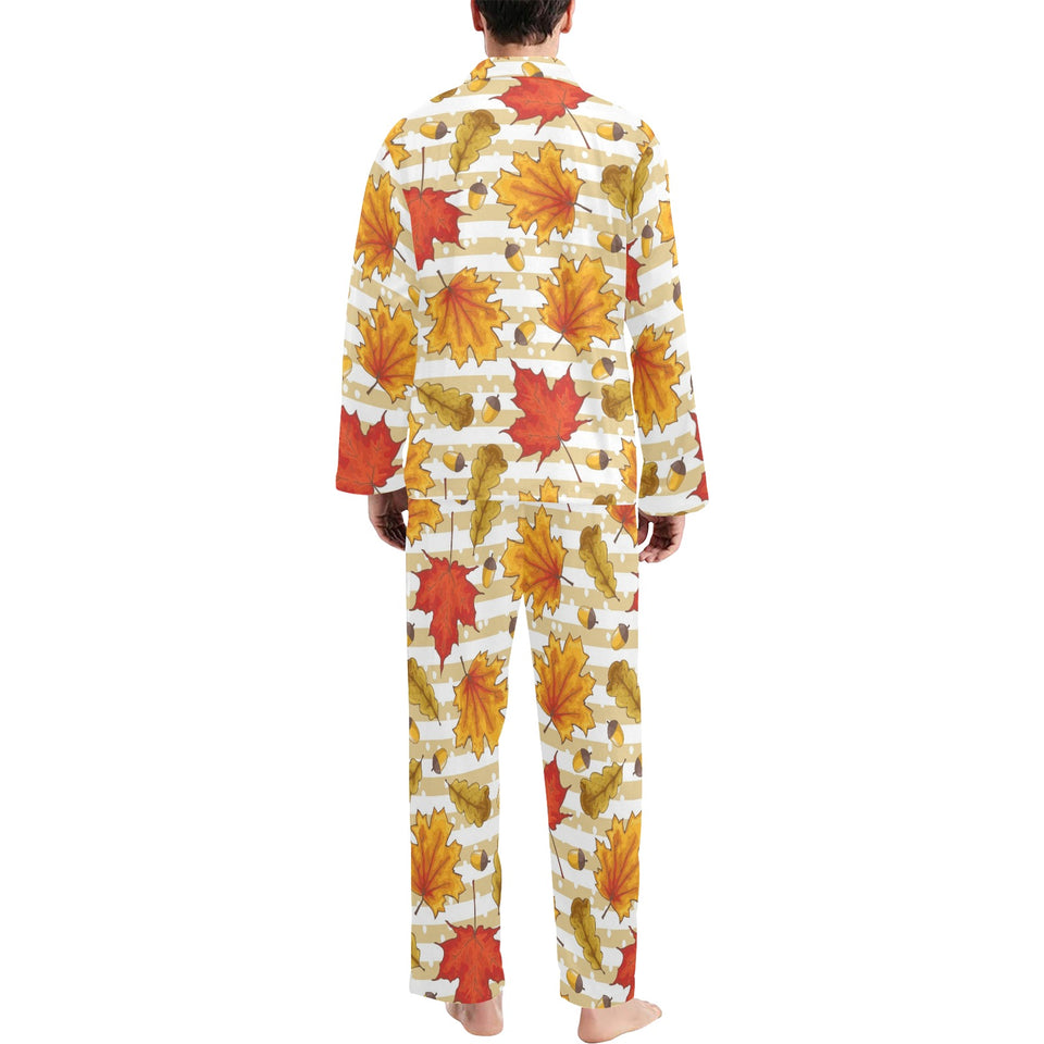 Maple leaf oak leaf acorns beige striped backgroun Men's Long Pajama Set