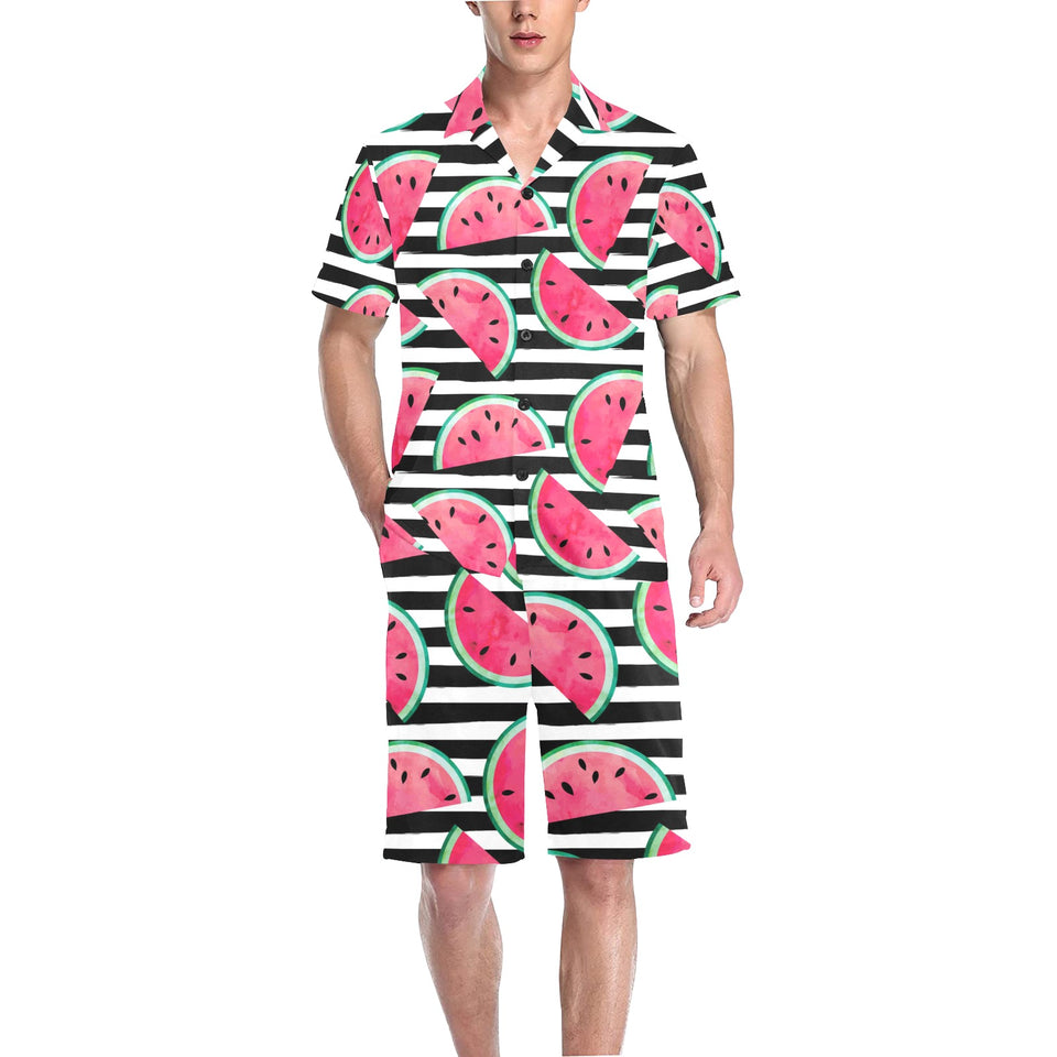 Watercolor paint textured watermelon pieces Men's V-Neck Short Pajama Set