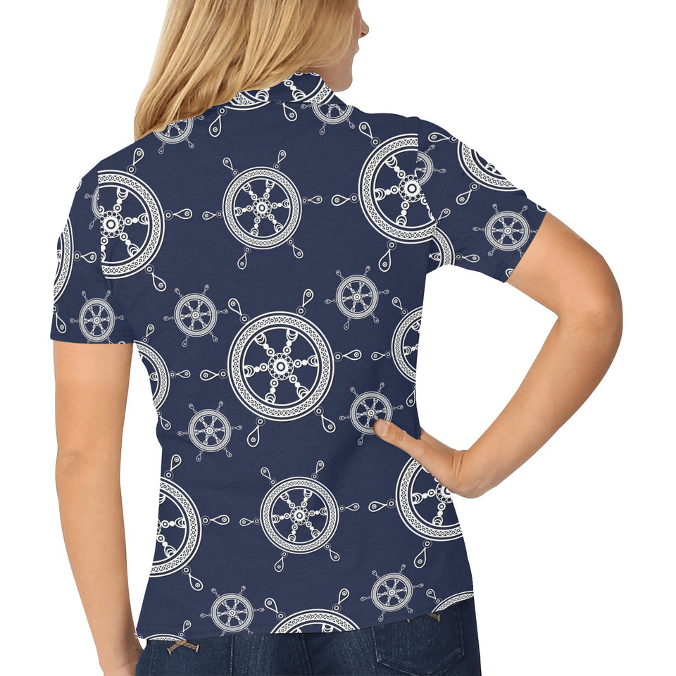 nautical steering wheel design pattern Women's All Over Print Polo Shirt