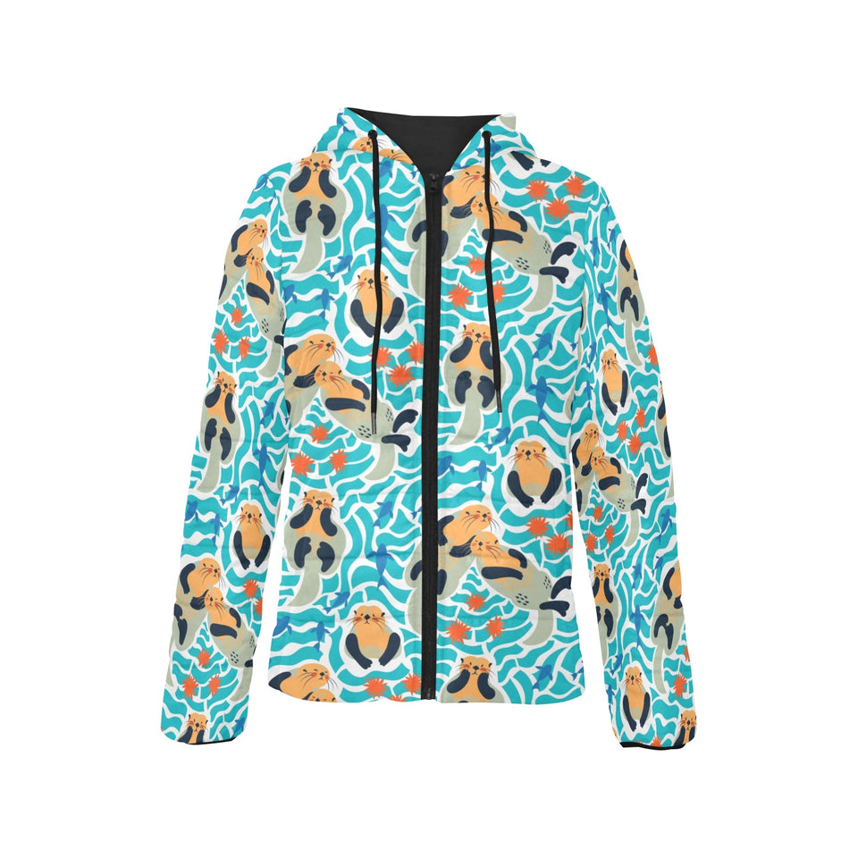Cute sea otters fishe sea urchin pattern Women's Padded Hooded Jacket