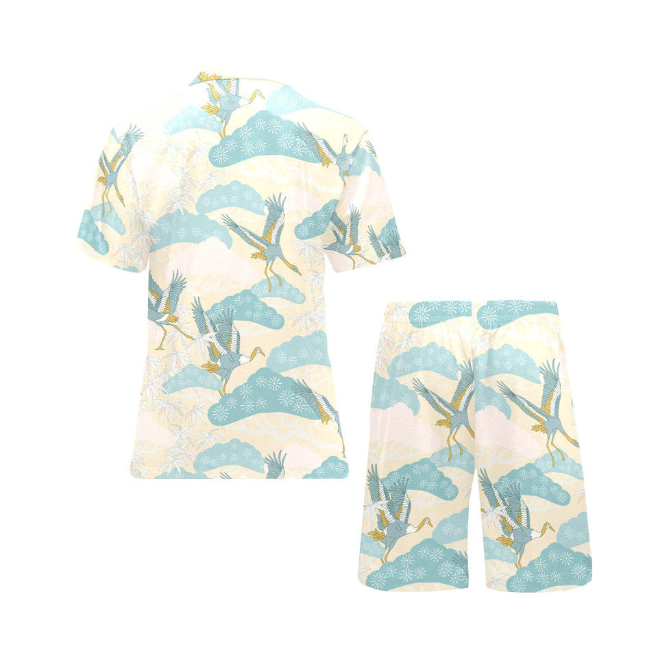 Bonsai bamboo stork japanese pattern cream theme Men's V-Neck Short Pajama Set