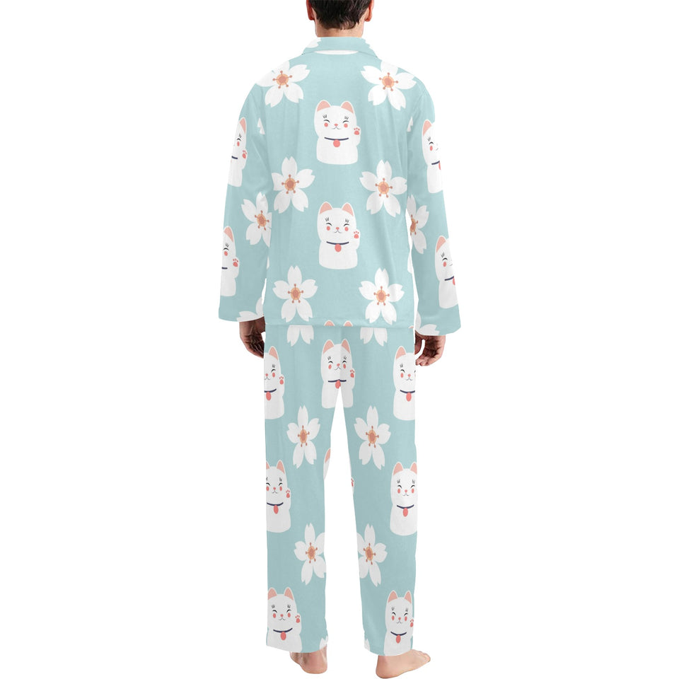 Maneki neko cat sakura Men's Long Pajama Set