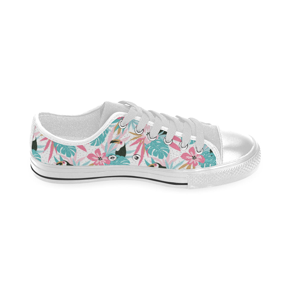 Toucan tropical flower leave pattern Men's Low Top Shoes White