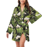 White orchid flower tropical leaves pattern blackg Women's Long Sleeve Belted Night Robe