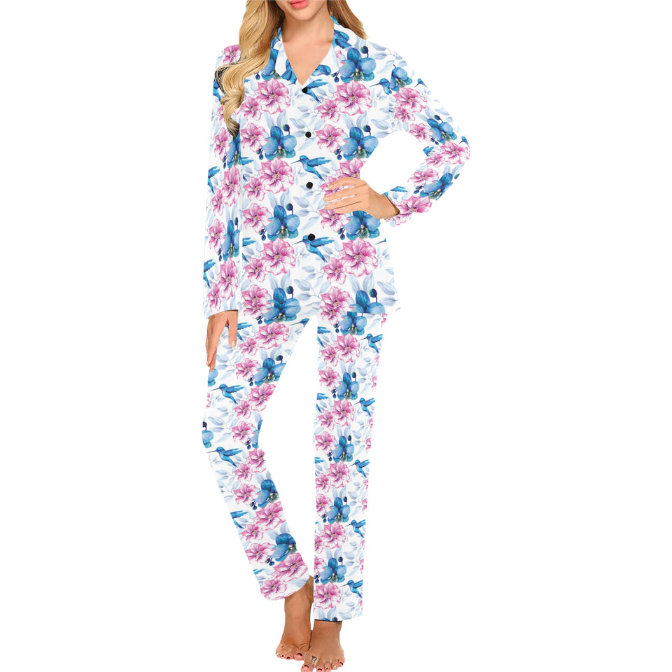 Hummingbird Pattern Print Design 02 Women's Long Pajama Set