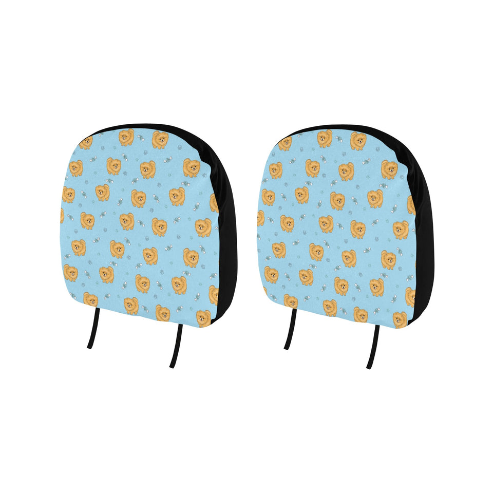 Brown cute pomeranian blue blackground Car Headrest Cover