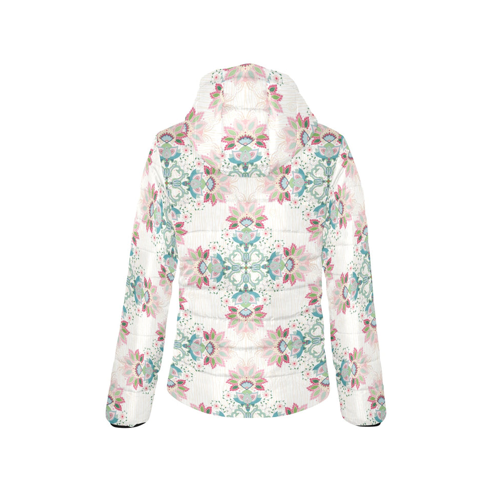 Square floral indian flower pattern Women's Padded Hooded Jacket