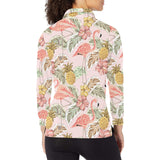 Pink flamingo birds pineapples hibiscus flower pat Women's Long Sleeve Polo Shirt