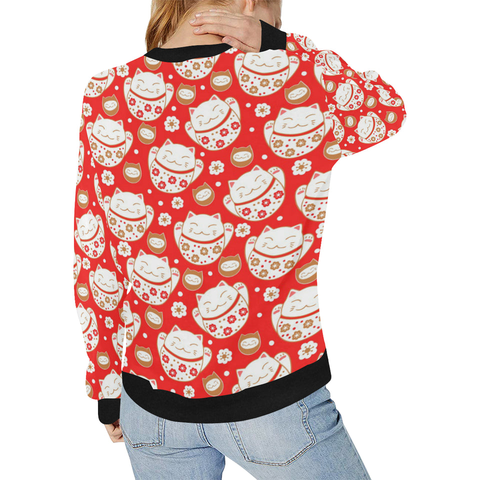 Cute Maneki neko cat red background Women's Crew Neck Sweatshirt