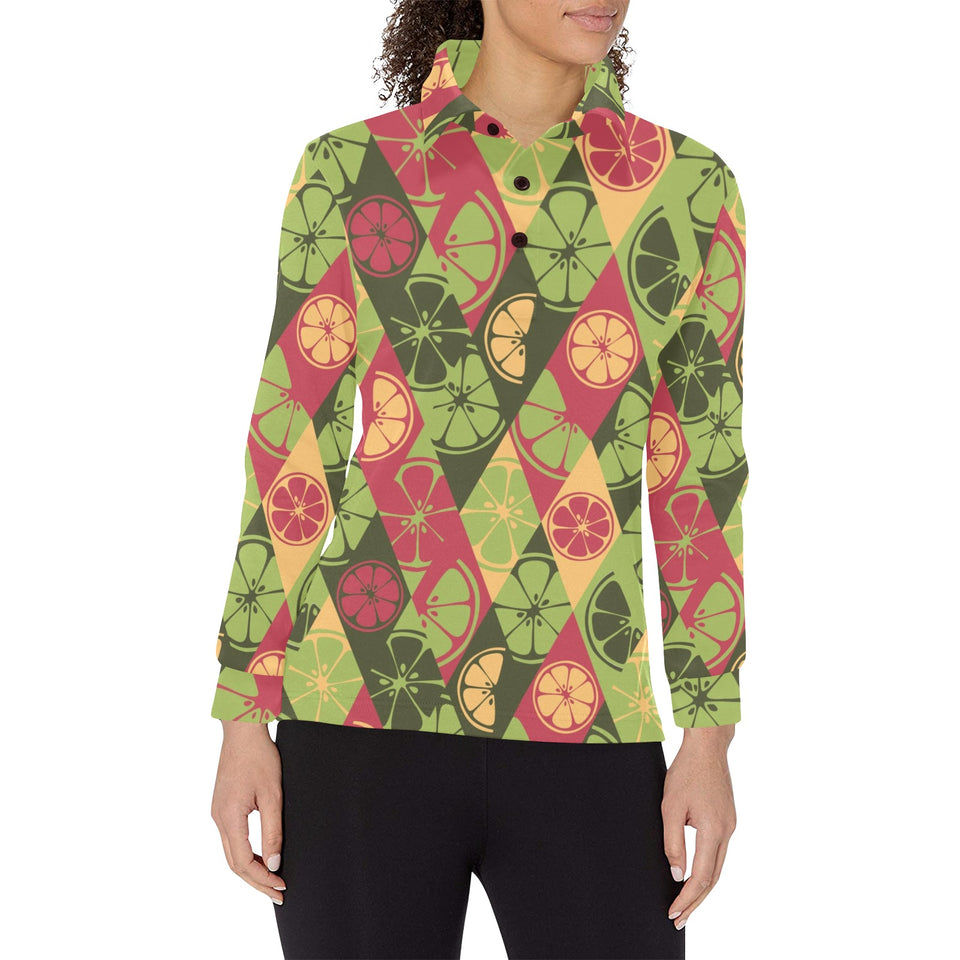 Cool Geometric lime pattern Women's Long Sleeve Polo Shirt