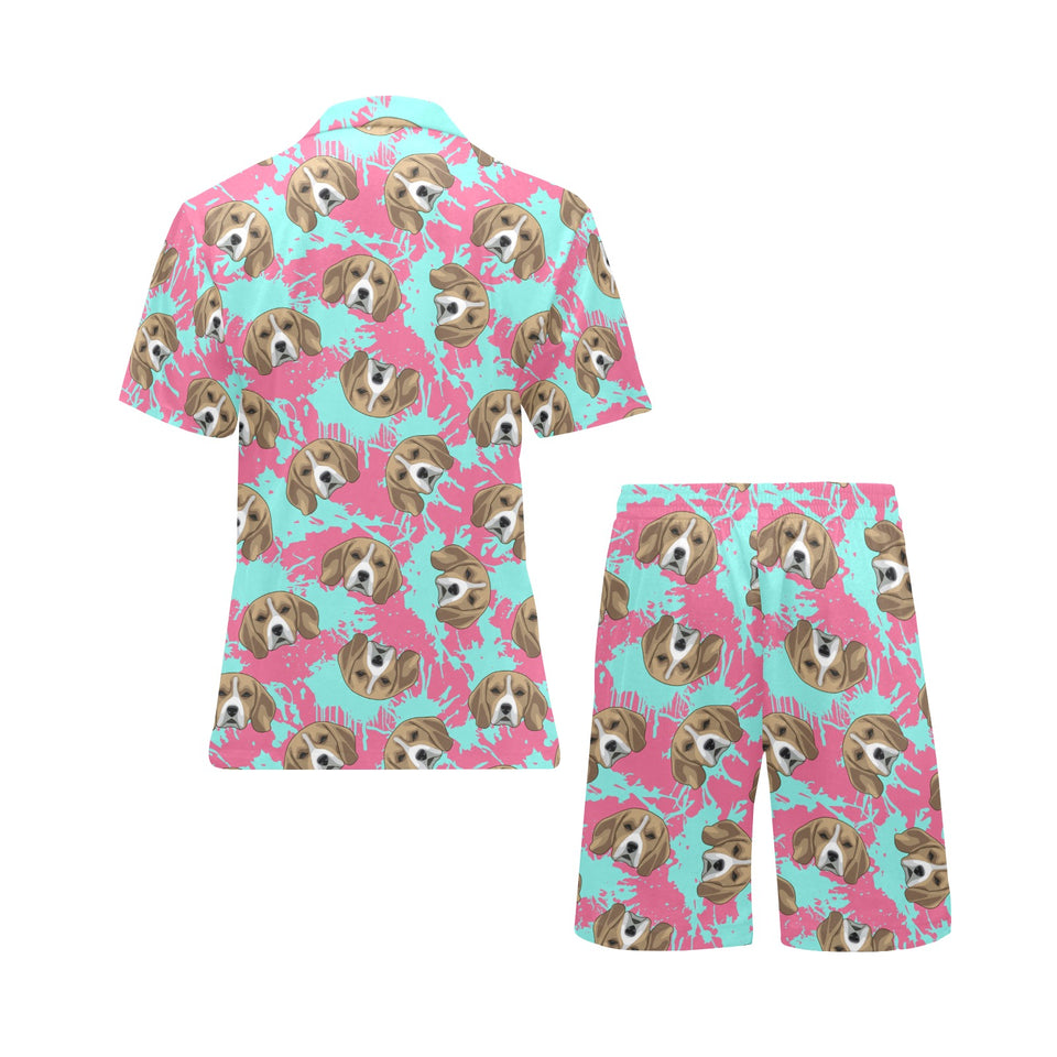 Beagle muzzles turquoise paint splashes pink patte Men's V-Neck Short Pajama Set
