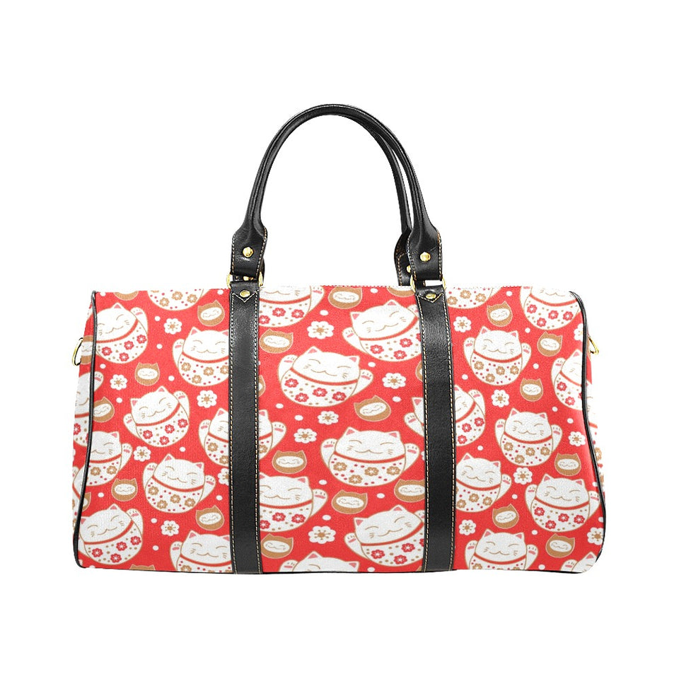 Cute Maneki neko cat red background Travel Bag