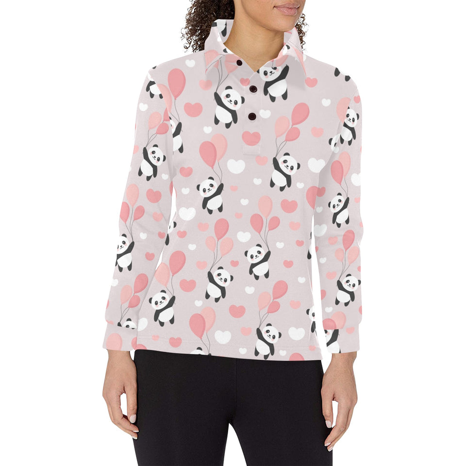 Cute panda ballon heart pattern Women's Long Sleeve Polo Shirt
