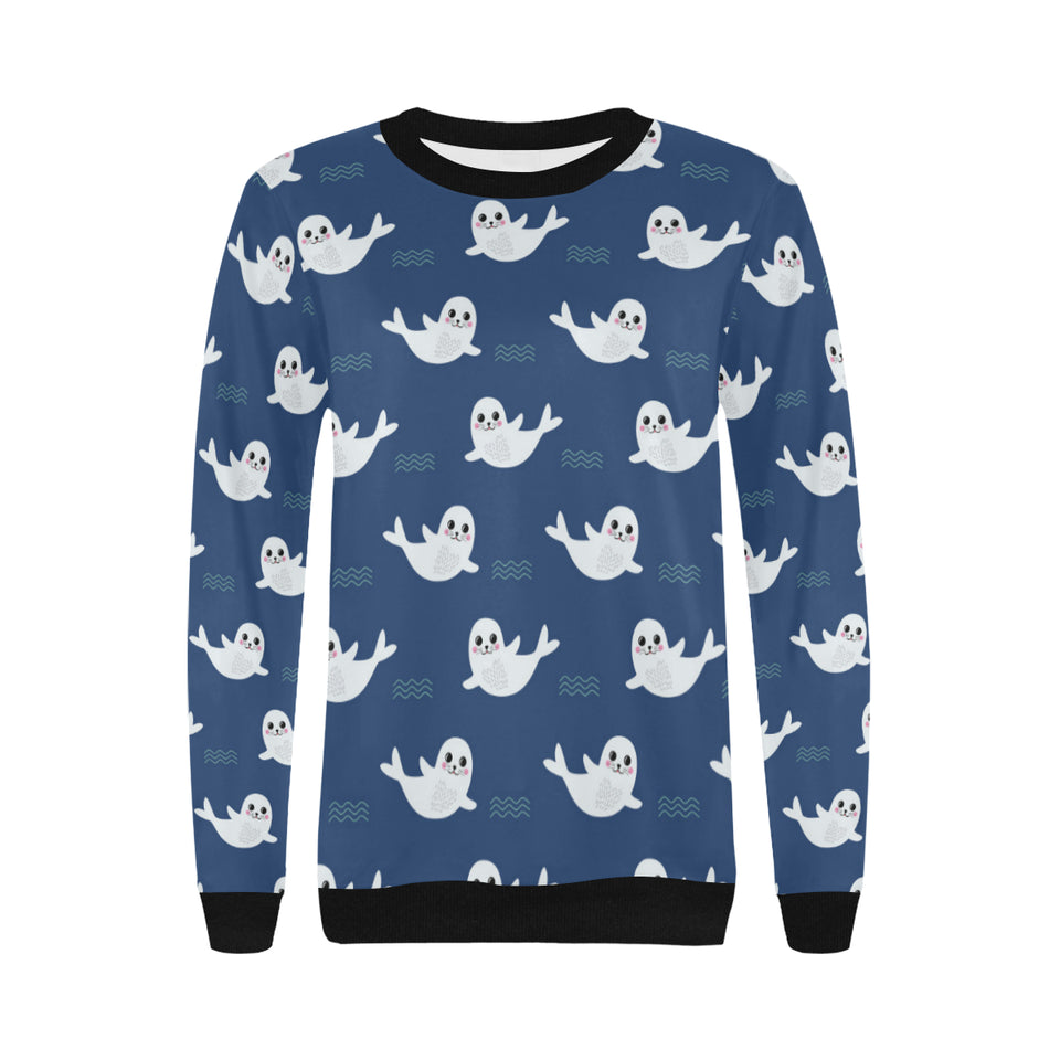 Cute white baby sea lion seal pattern Women's Crew Neck Sweatshirt