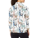 lama Alpaca cactus hand drawn pattern Women's Long Sleeve Polo Shirt