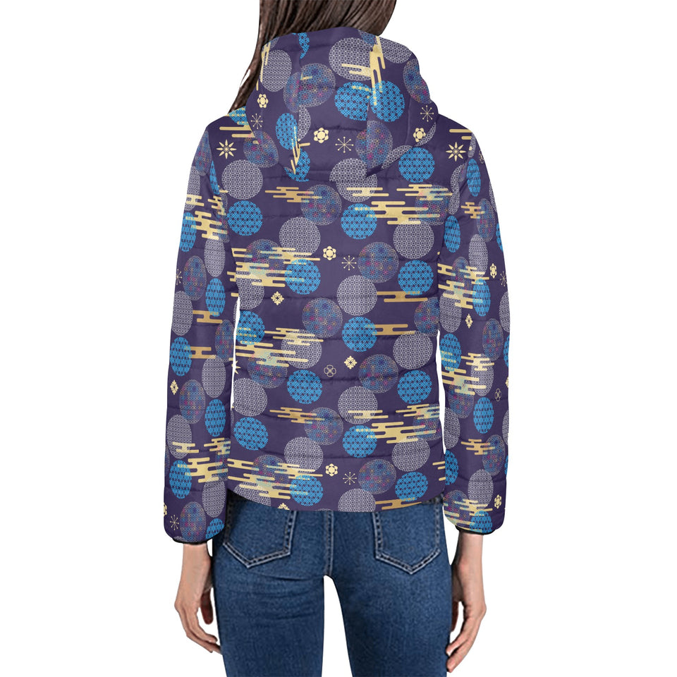 Blue japanese pattern cloud wave flower Women's Padded Hooded Jacket