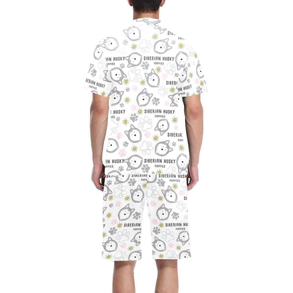 Siberian Husky design pattern Men's V-Neck Short Pajama Set