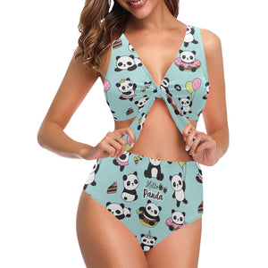Cute baby panda pattern Chest Bowknot High Waisted Bikini Swimsuit