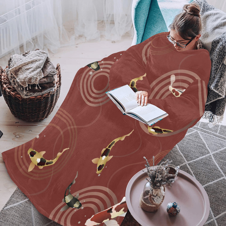 Koi Fish Carp Fish red background Blanket Robe with Sleeves