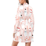 Cute snowman christmas tree snowpink background Women's Long Sleeve Belted Night Robe