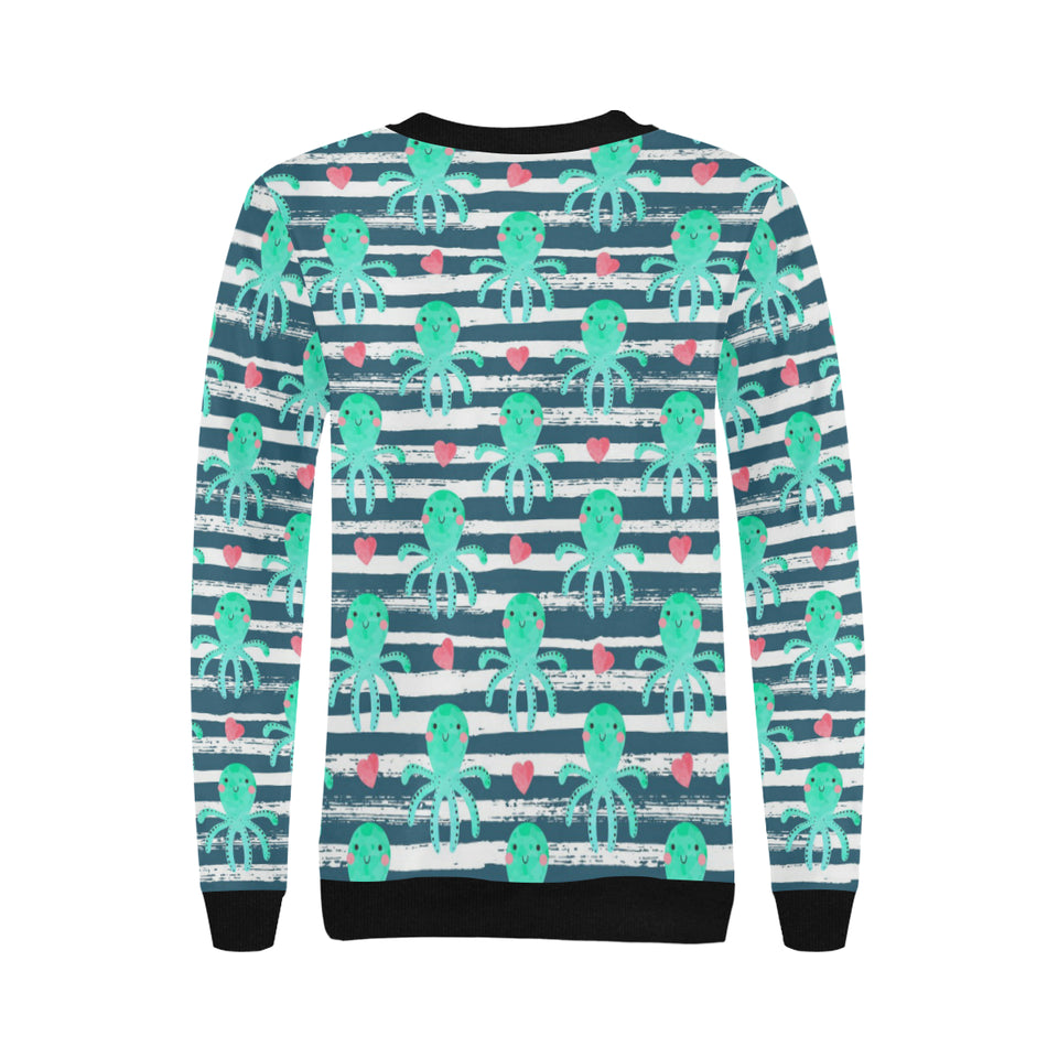 Cute octopuses heart striped background Women's Crew Neck Sweatshirt