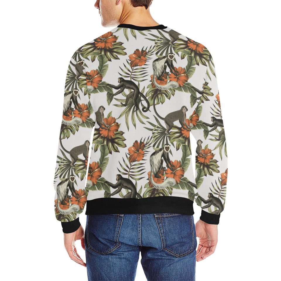 Monkey red hibiscus flower palm leaves floral patt Men's Crew Neck Sweatshirt
