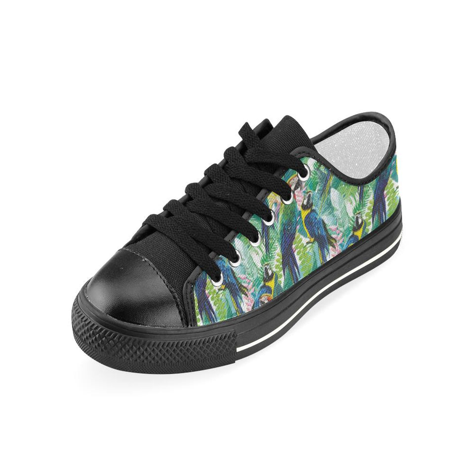 Colorful parrot exotic flower leaves Kids' Boys' Girls' Low Top Canvas Shoes Black