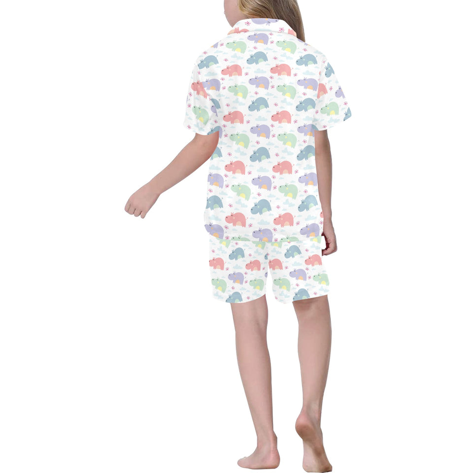 Hippopotamus Pattern Print Design 03 Kids' Boys' Girls' V-Neck Short Pajama Set