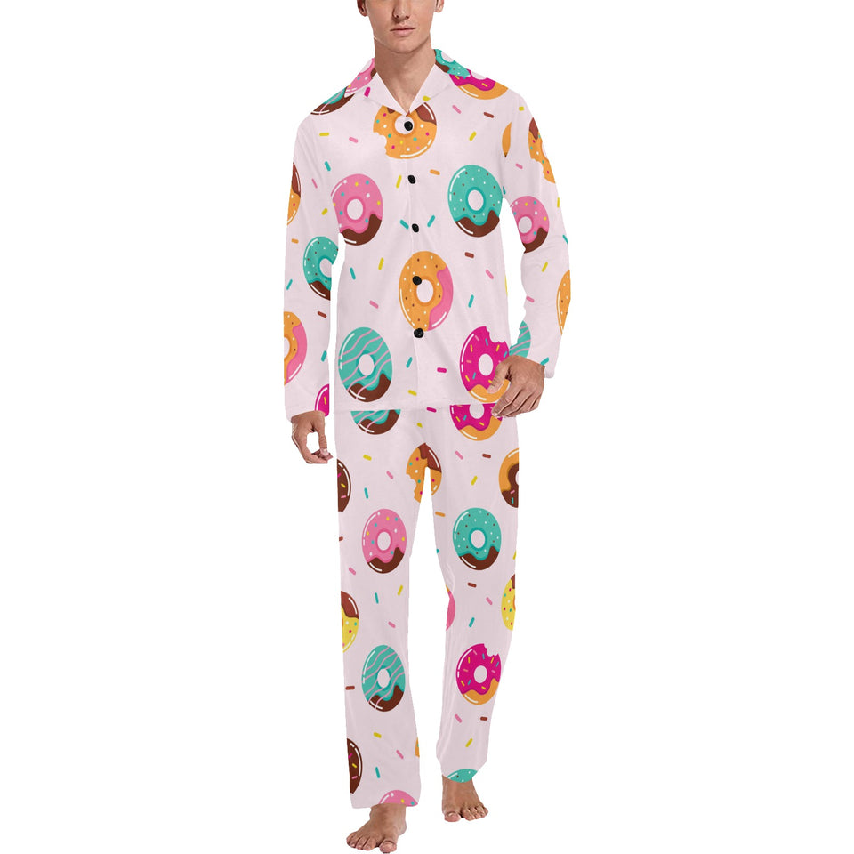 Donut pattern glaze pink background Men's Long Pajama Set