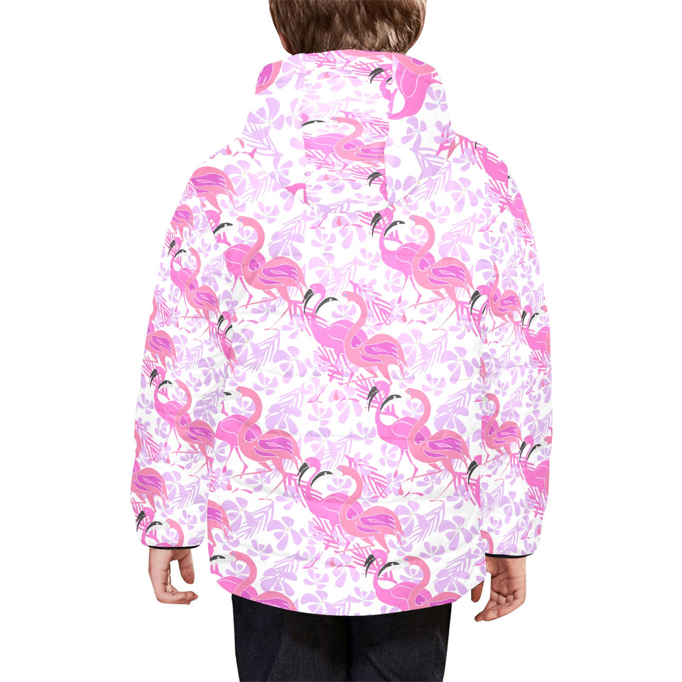 Pink flamingo flower pattern Kids' Boys' Girls' Padded Hooded Jacket