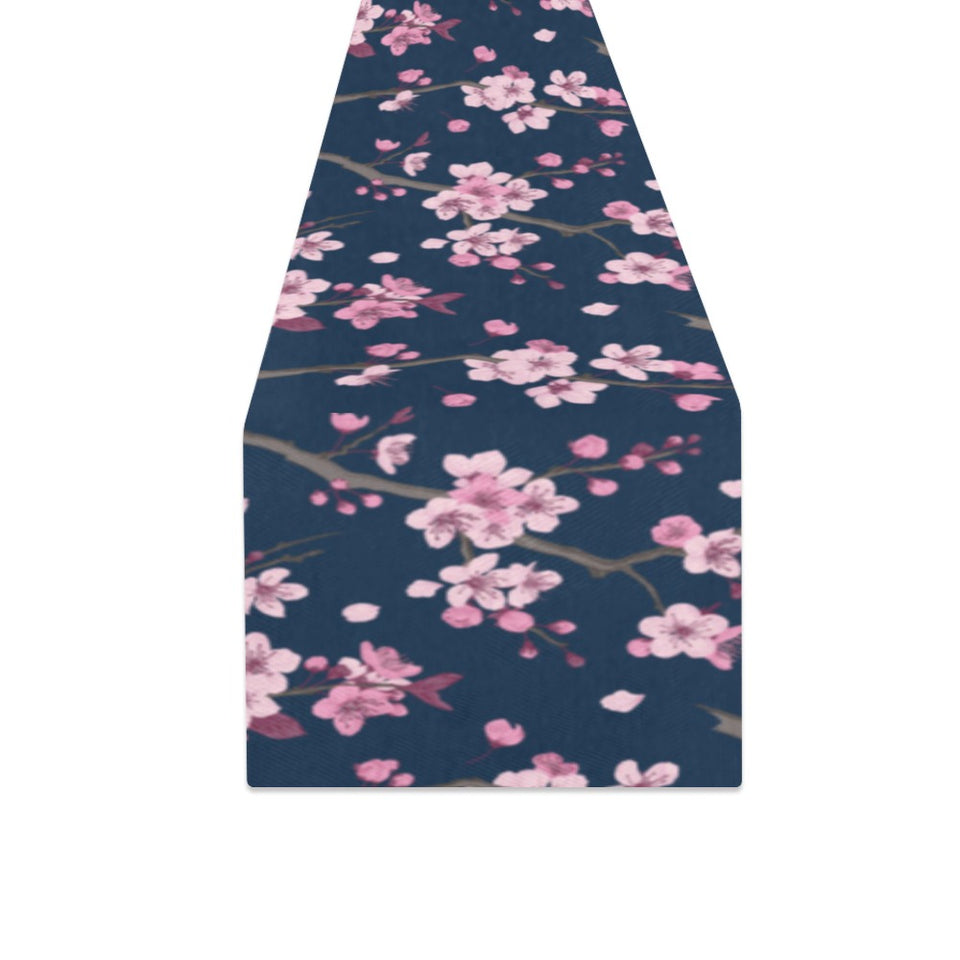 Pink sakura cherry blossom blue background Table Runner