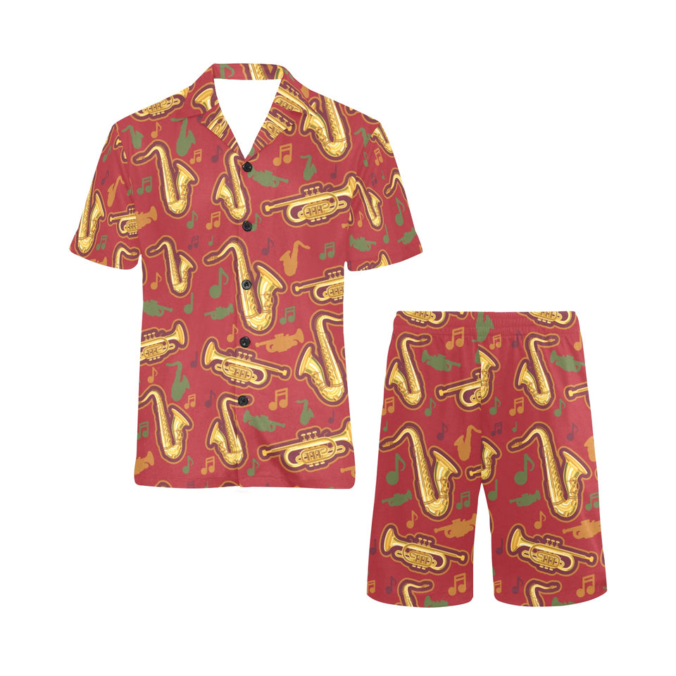 Saxophone cornet pattern red background Men's V-Neck Short Pajama Set