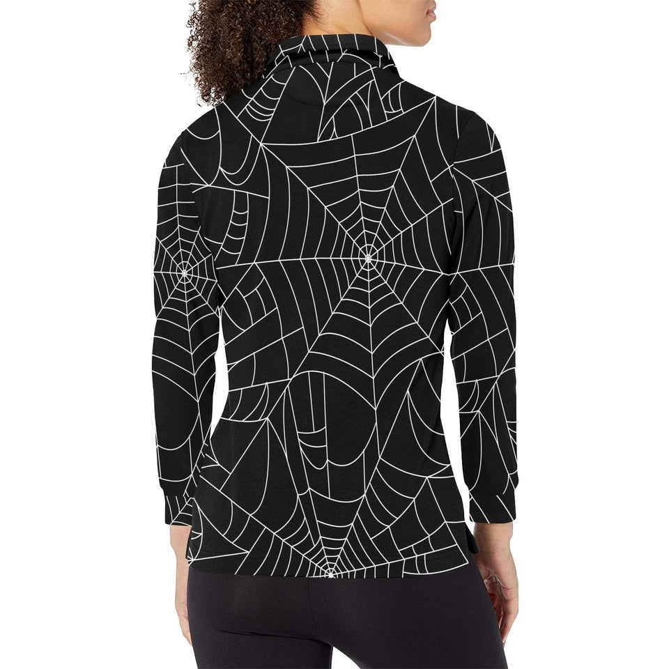 Spider web pattern Black background white cobweb Women's Long Sleeve Polo Shirt